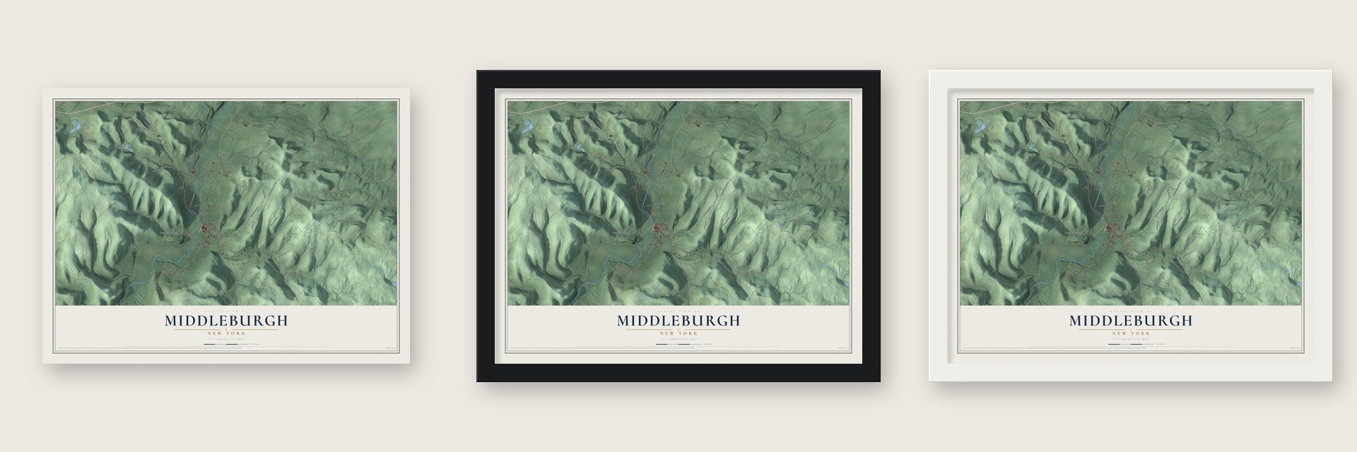 Middleburgh, New York map unframed, in a black wood frame and in a white wood frame