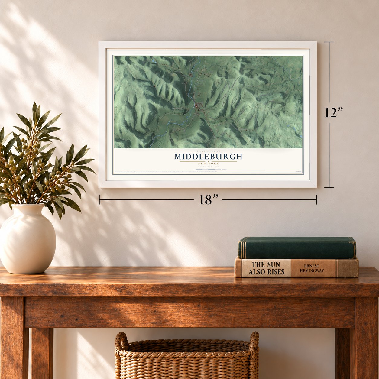 Middleburgh, New York map, 12 x 18 inch print in a white frame in an entryway