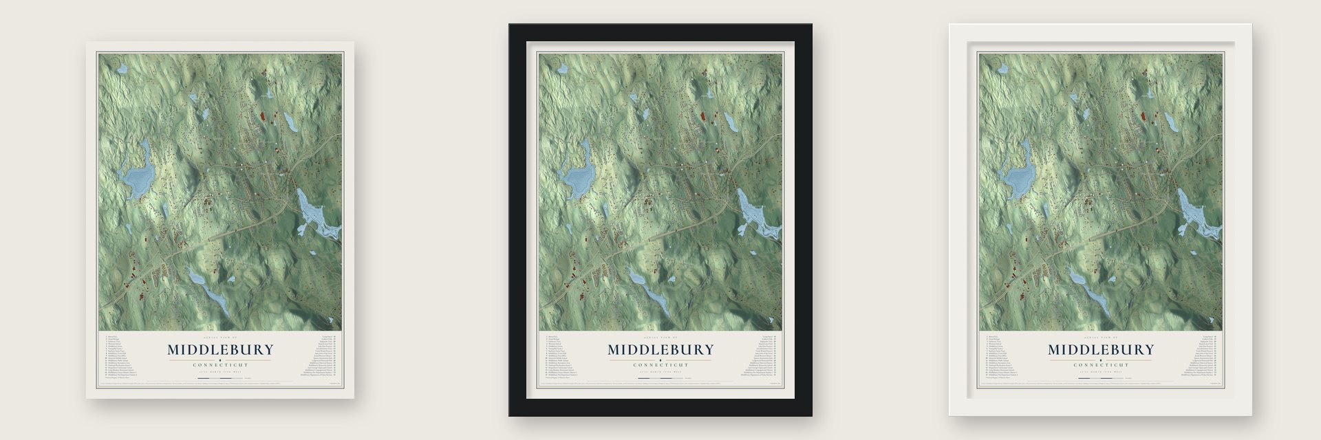 Middlebury, Connecticut map unframed, in a black wood frame and in a white wood frame