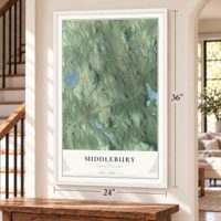 Middlebury, Connecticut map, 24 x 36 inch print in a white frame by a staircase