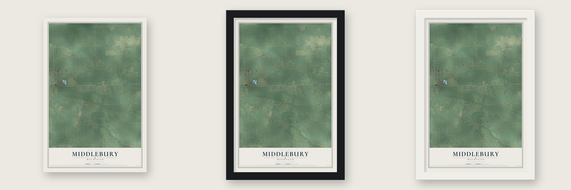Middlebury, Michigan map unframed, in a black wood frame and in a white wood frame