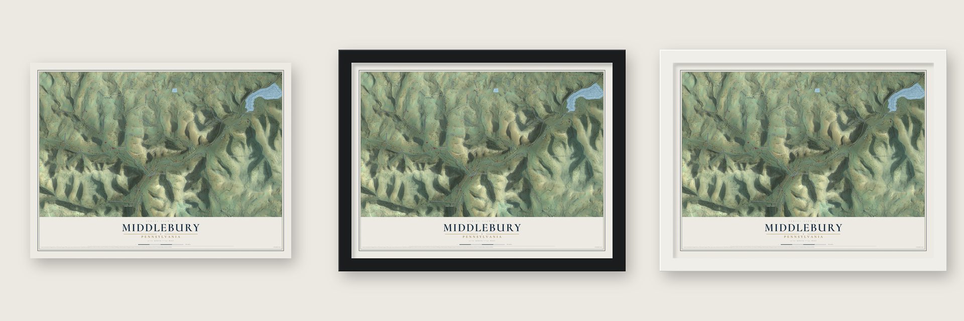 Middlebury, Pennsylvania map unframed, in a black wood frame and in a white wood frame