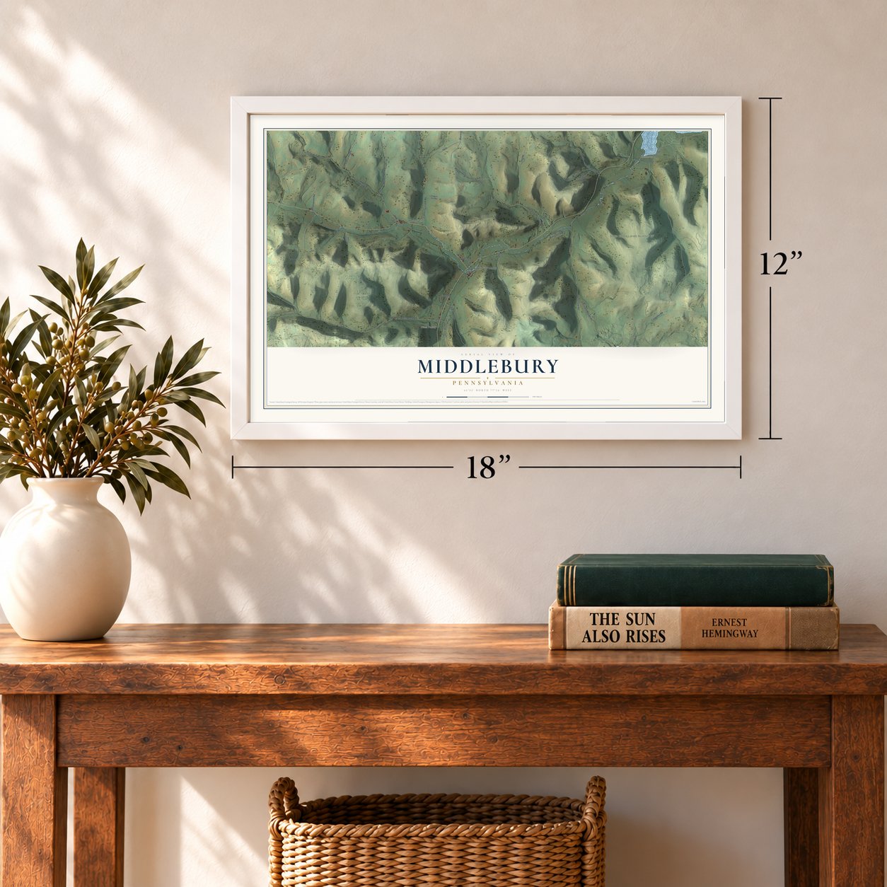 Middlebury, Pennsylvania map, 12 x 18 inch print in a white frame in an entryway