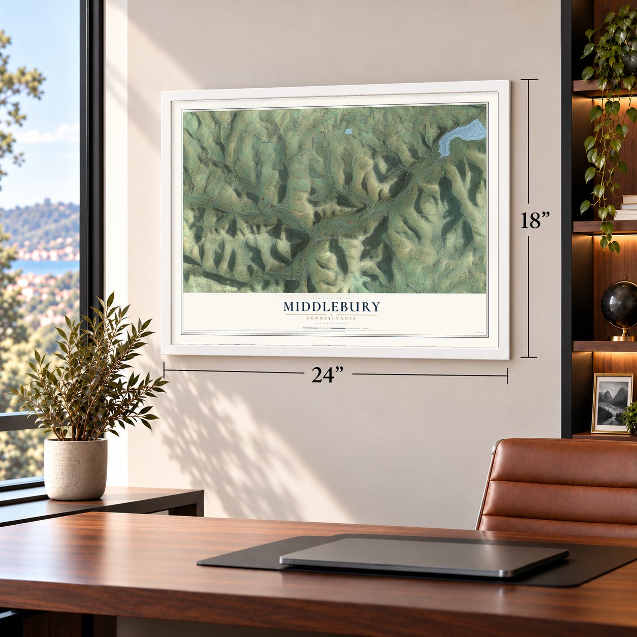 Middlebury, Pennsylvania map, 18 x 24 inch print in a white frame in a home office