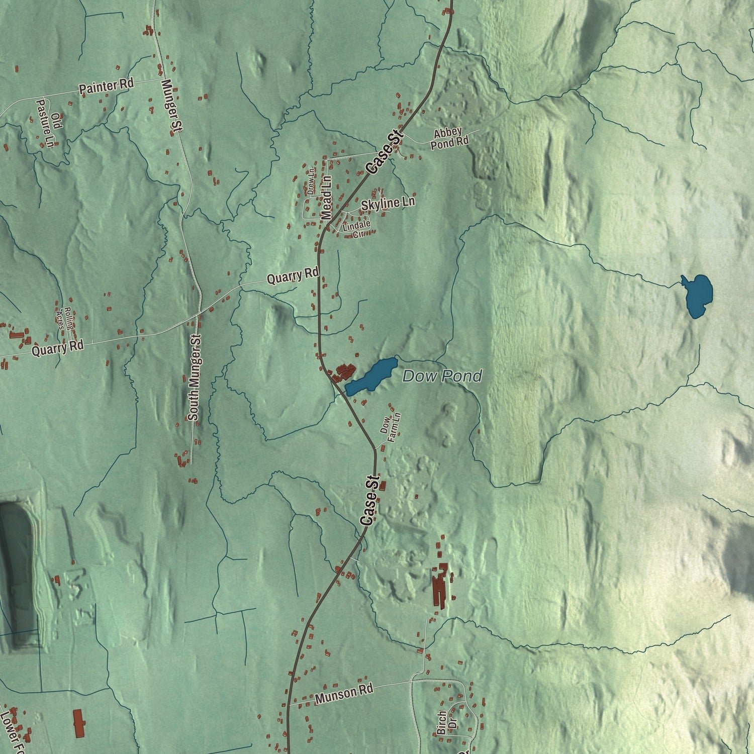 Close-up of the map of Middlebury, Vermont print showing terrain and local geography