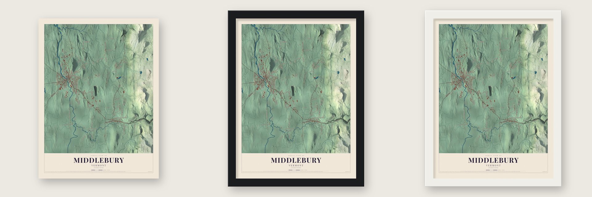 Middlebury, Vermont map unframed, in a black wood frame and in a white wood frame