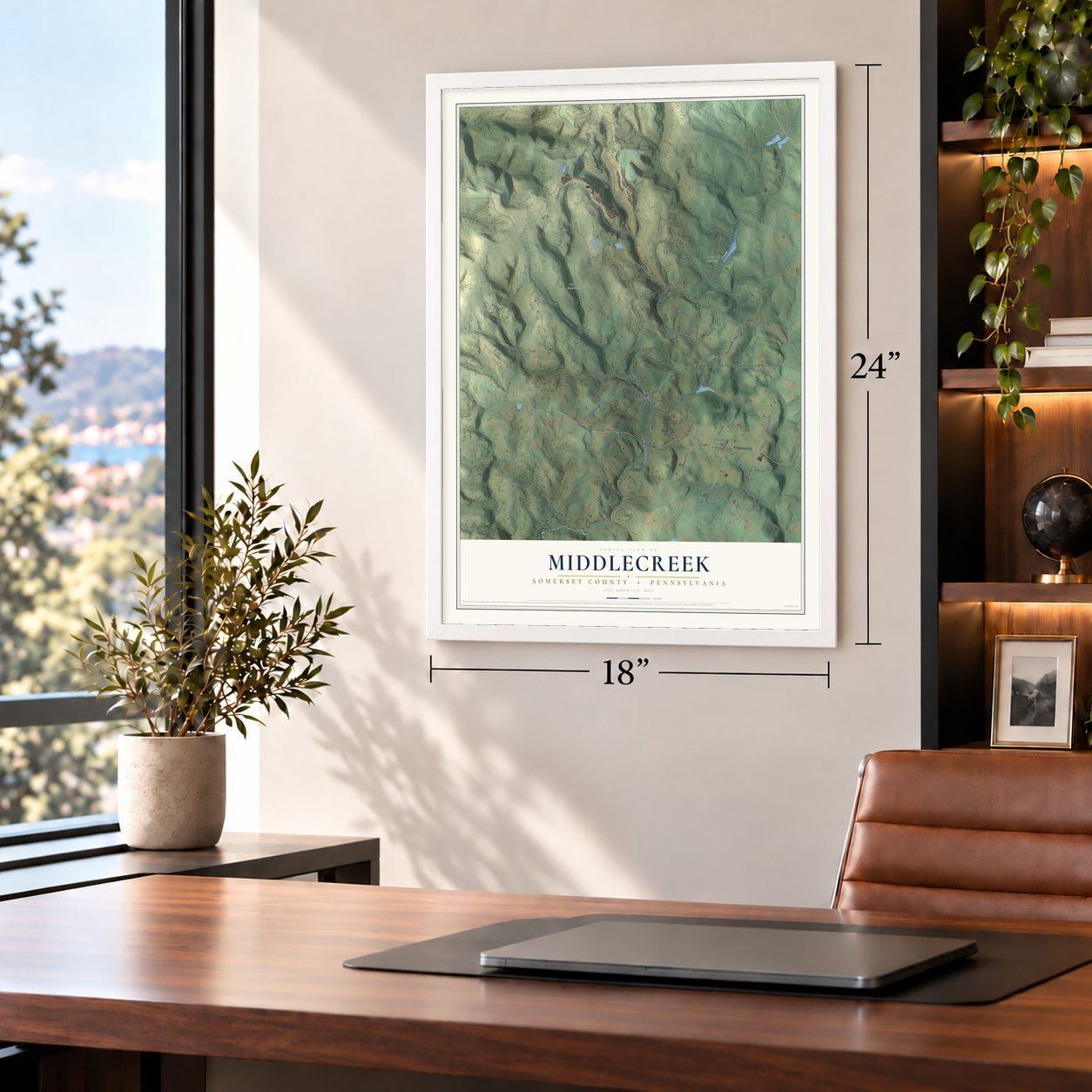 Middlecreek, Somerset County, Pennsylvania map, 18 x 24 inch print in a white frame in a home office