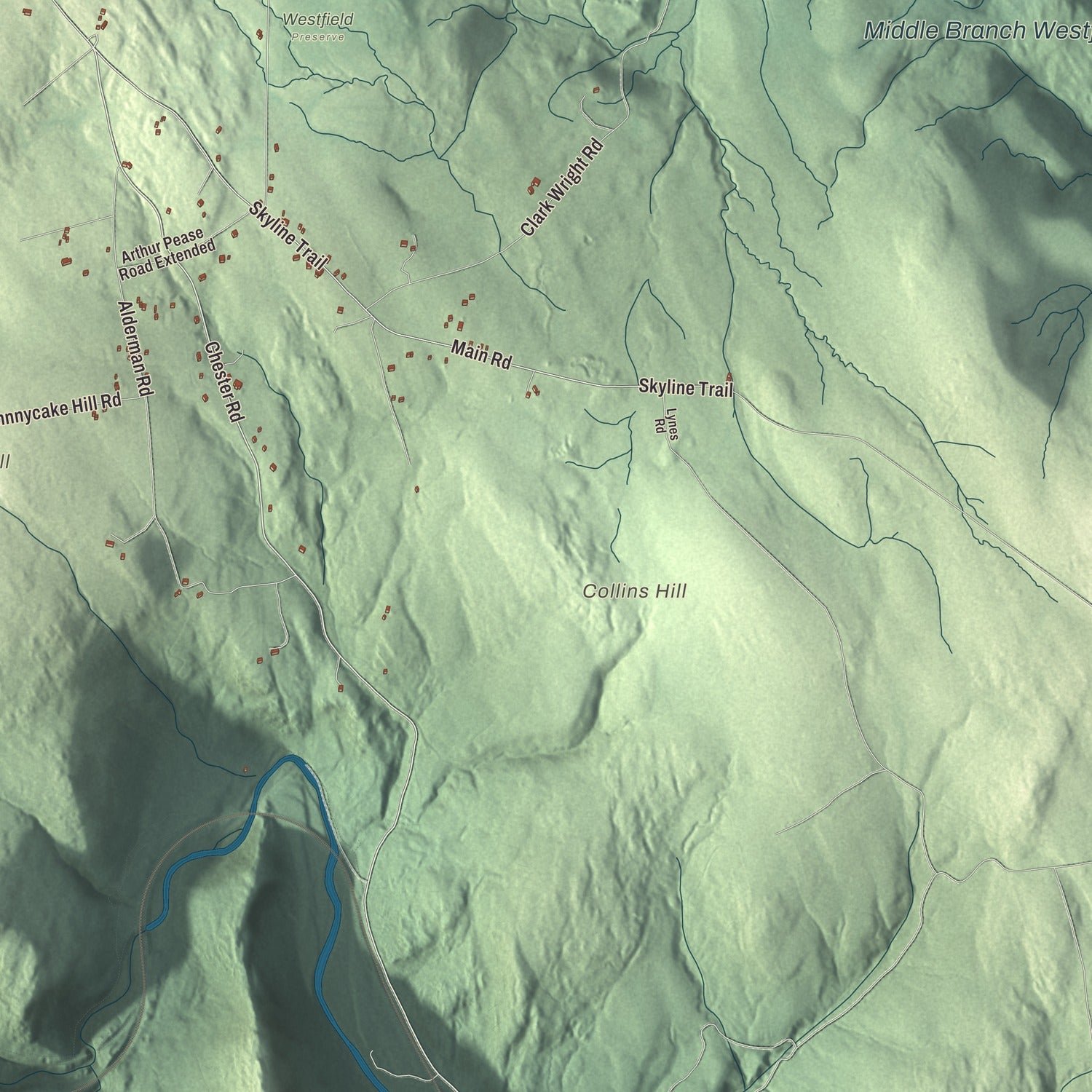 Close-up of the map of Middlefield, Massachusetts print showing terrain and local geography