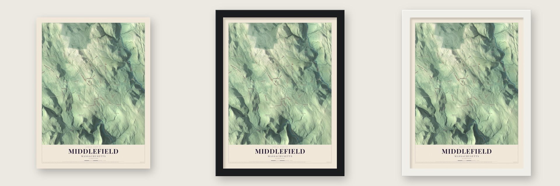 Middlefield, Massachusetts map unframed, in a black wood frame and in a white wood frame