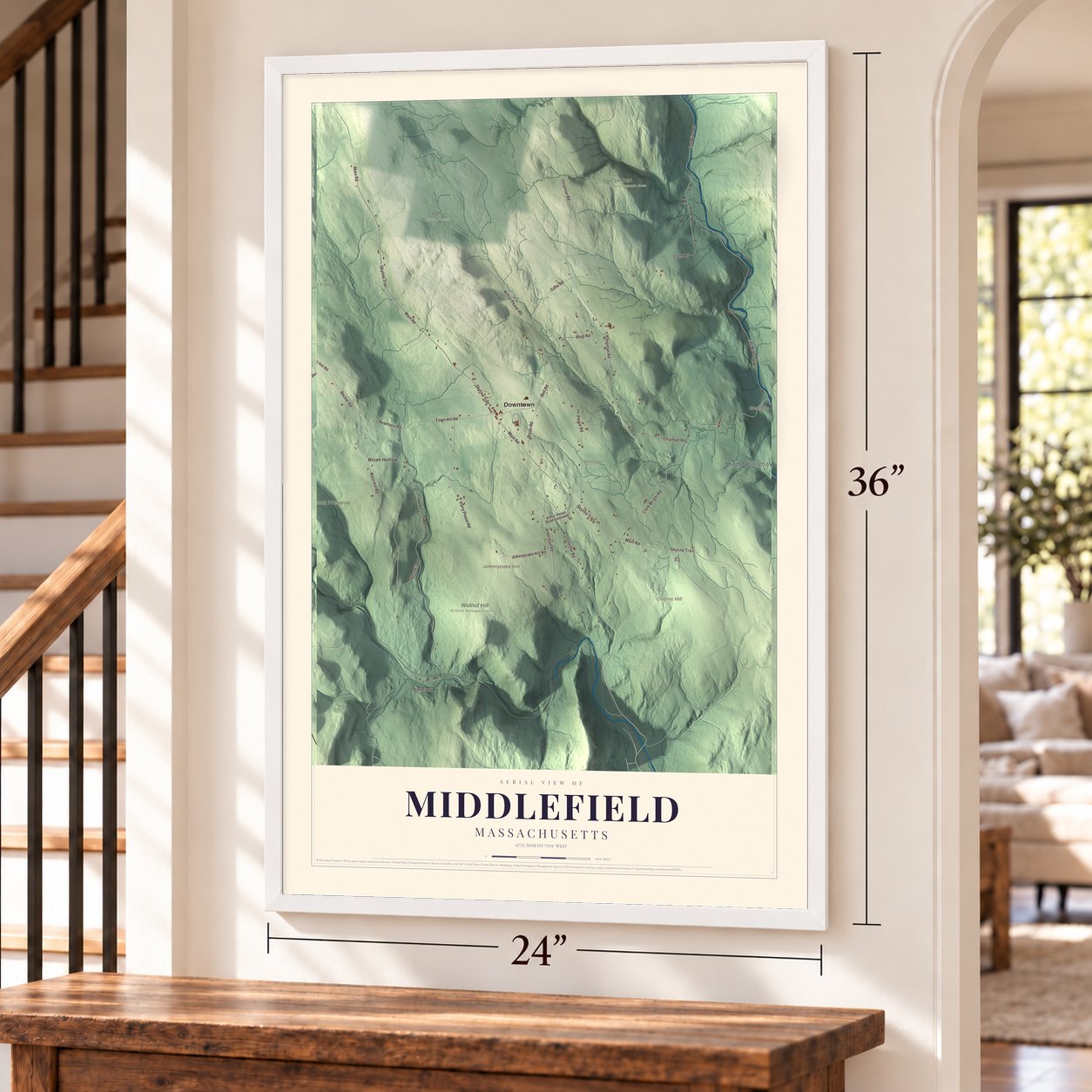 Middlefield, Massachusetts map, 24 x 36 inch print in a white frame by a staircase