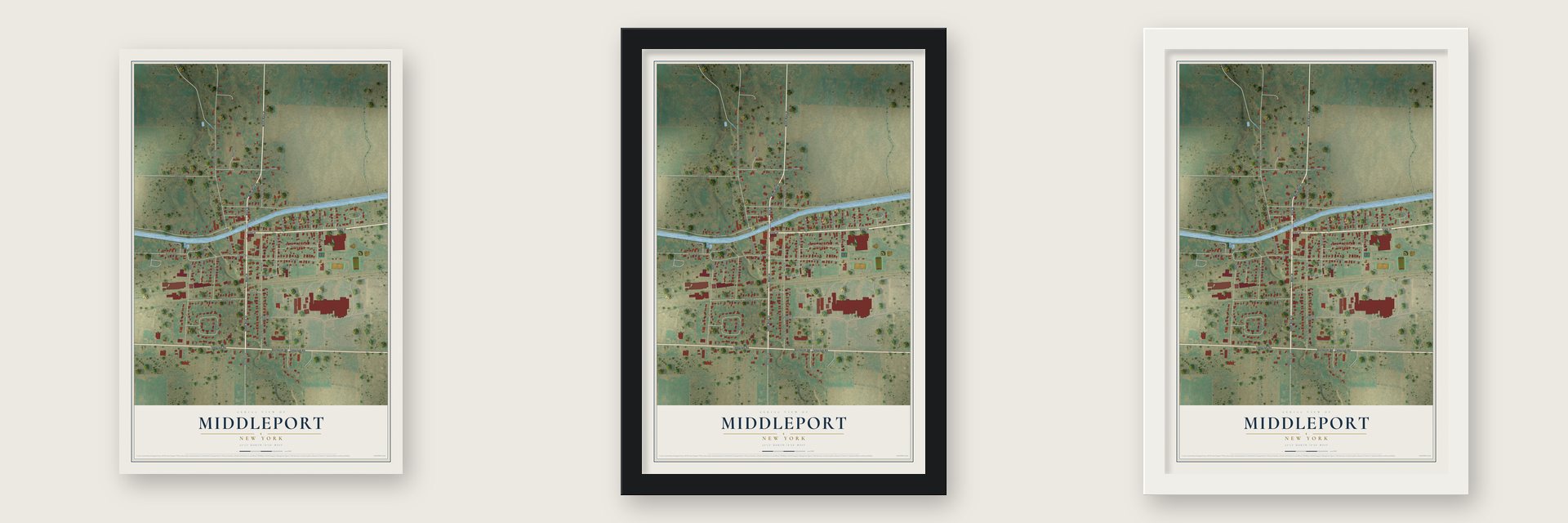 Middleport, New York map unframed, in a black wood frame and in a white wood frame
