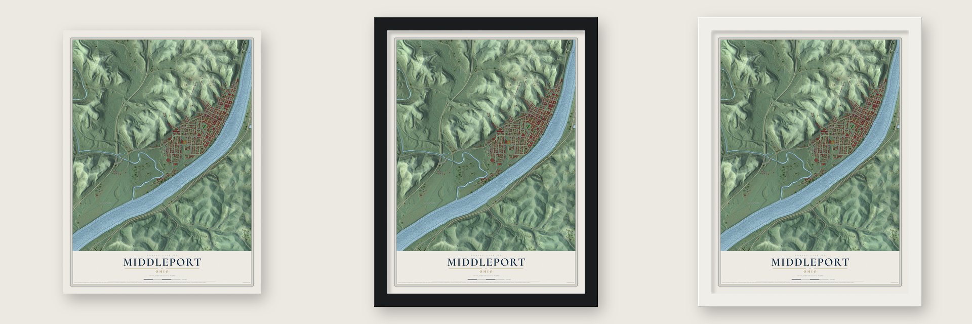 Middleport, Ohio map unframed, in a black wood frame and in a white wood frame