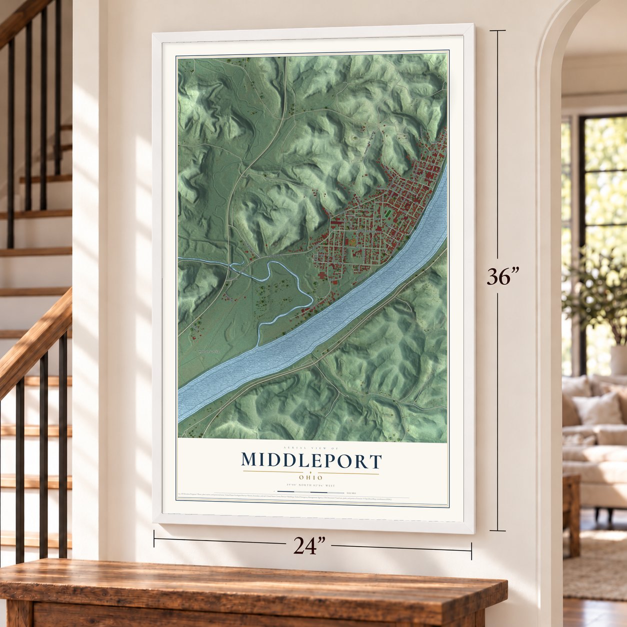 Middleport, Ohio map, 24 x 36 inch print in a white frame by a staircase