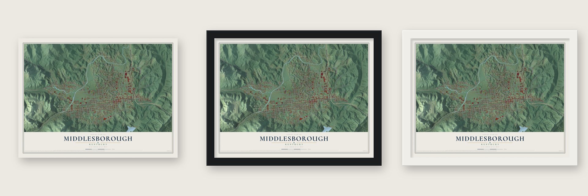 Middlesborough, Kentucky map unframed, in a black wood frame and in a white wood frame