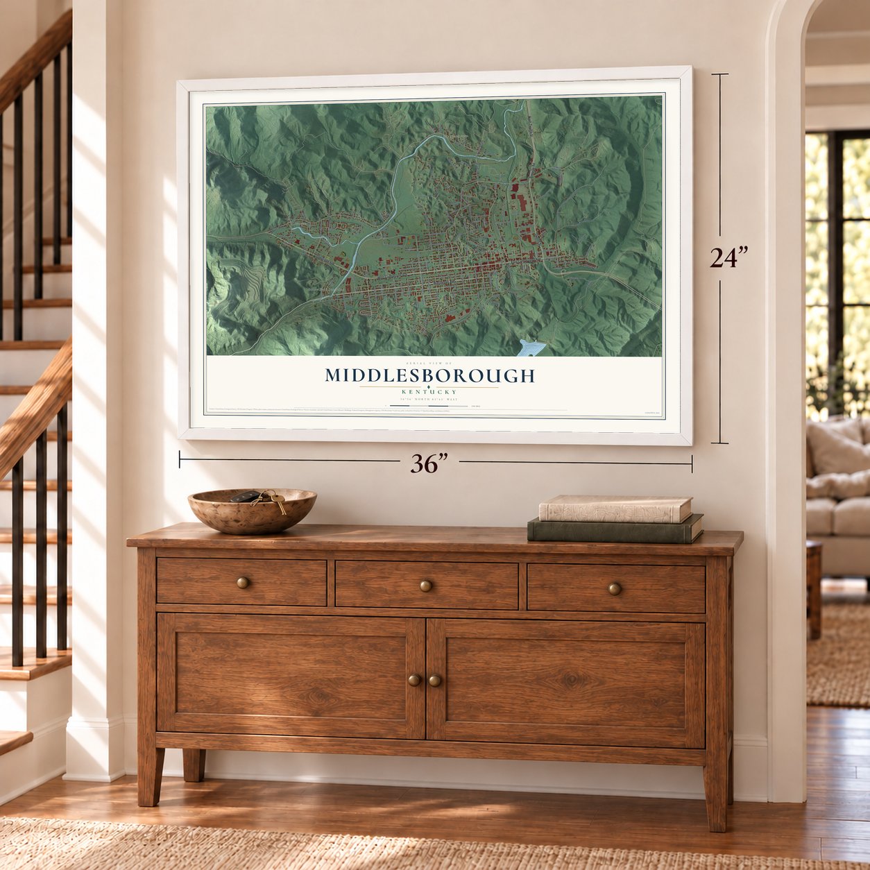 Middlesborough, Kentucky map, 24 x 36 inch print in a white frame above a dresser by a staircase