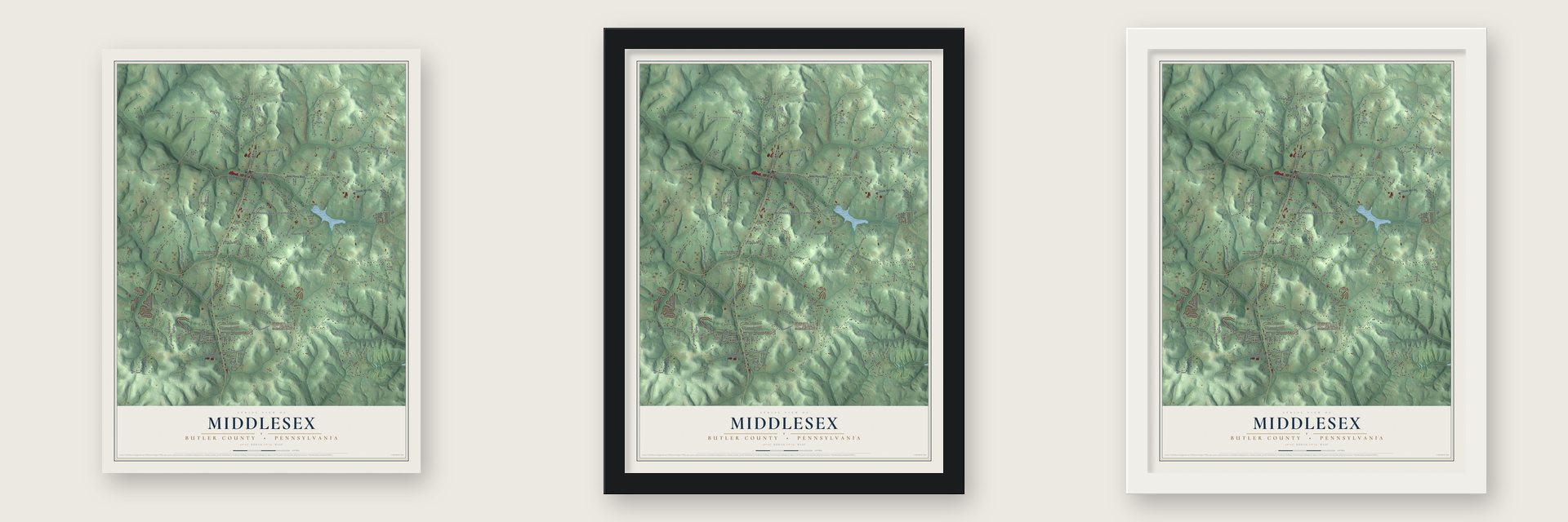 Middlesex, Butler County, Pennsylvania map unframed, in a black wood frame and in a white wood frame