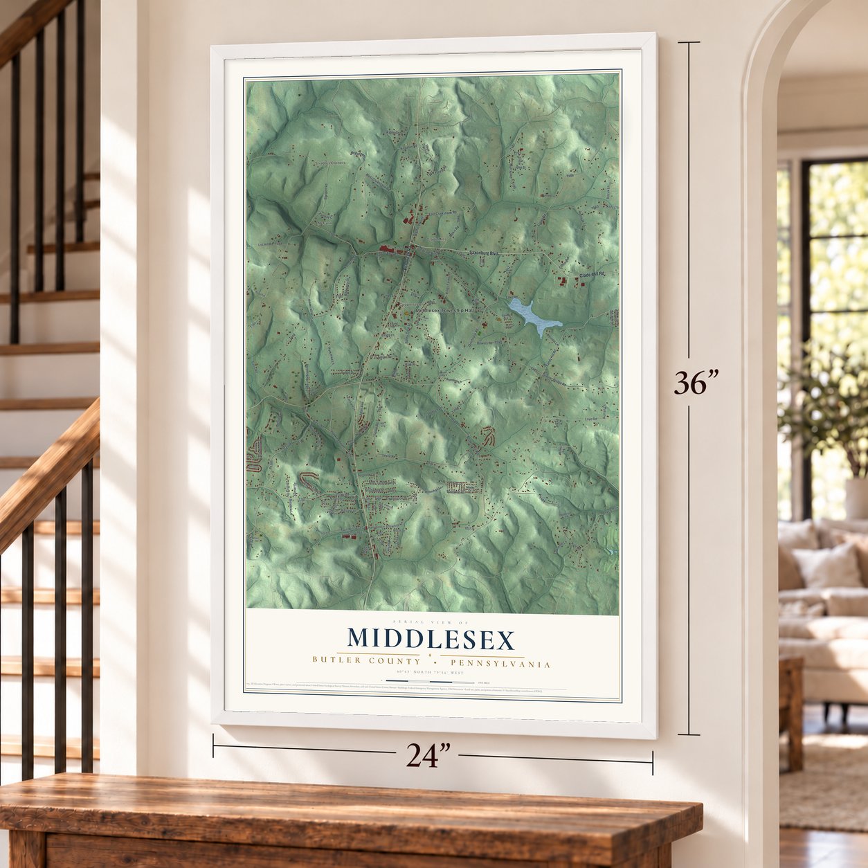 Middlesex, Butler County, Pennsylvania map, 24 x 36 inch print in a white frame by a staircase