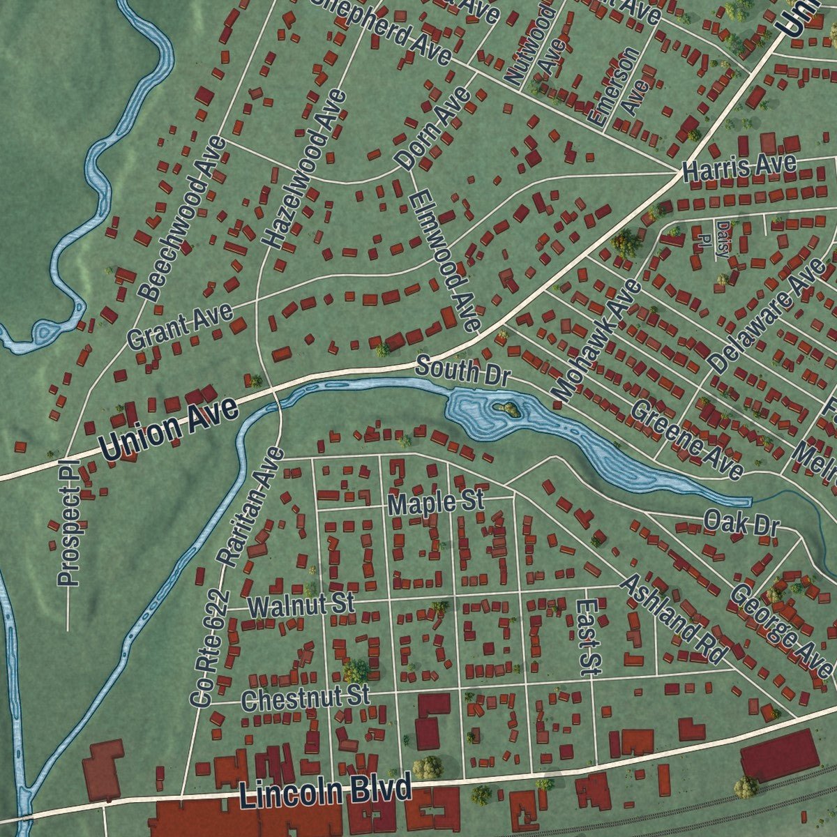 Second close-up of the map of Middlesex, New Jersey print showing more streets and buildings