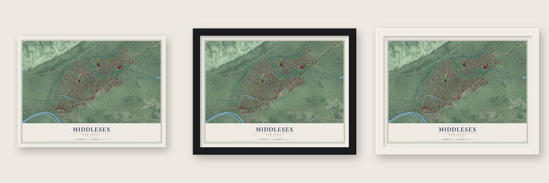 Middlesex, New Jersey map unframed, in a black wood frame and in a white wood frame