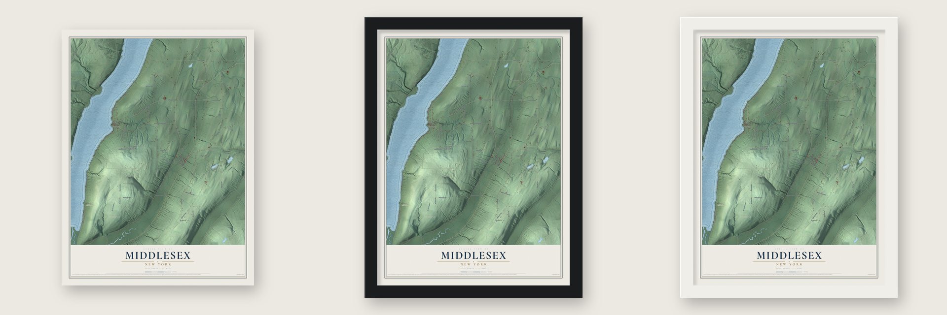 Middlesex, New York map unframed, in a black wood frame and in a white wood frame