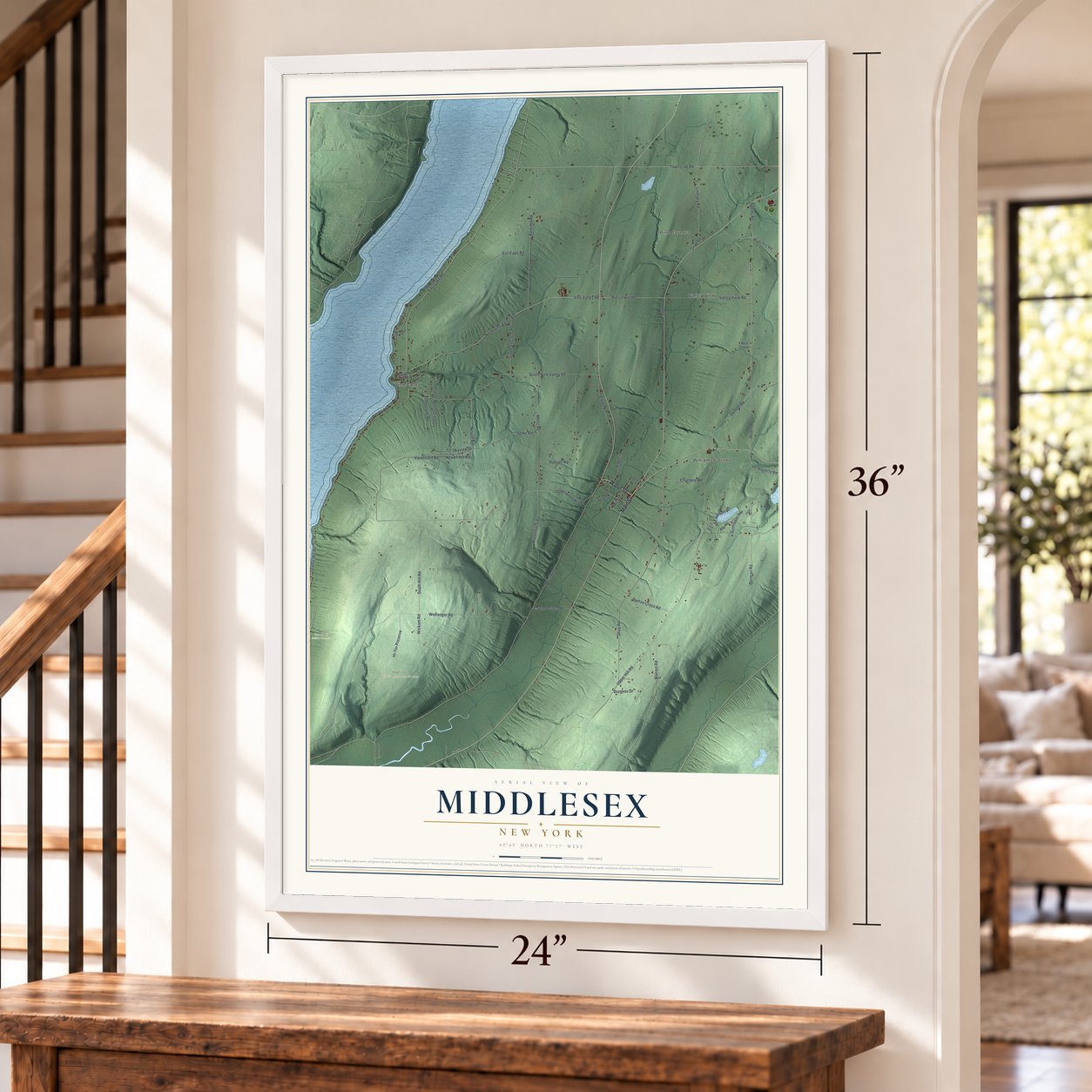 Middlesex, New York map, 24 x 36 inch print in a white frame by a staircase