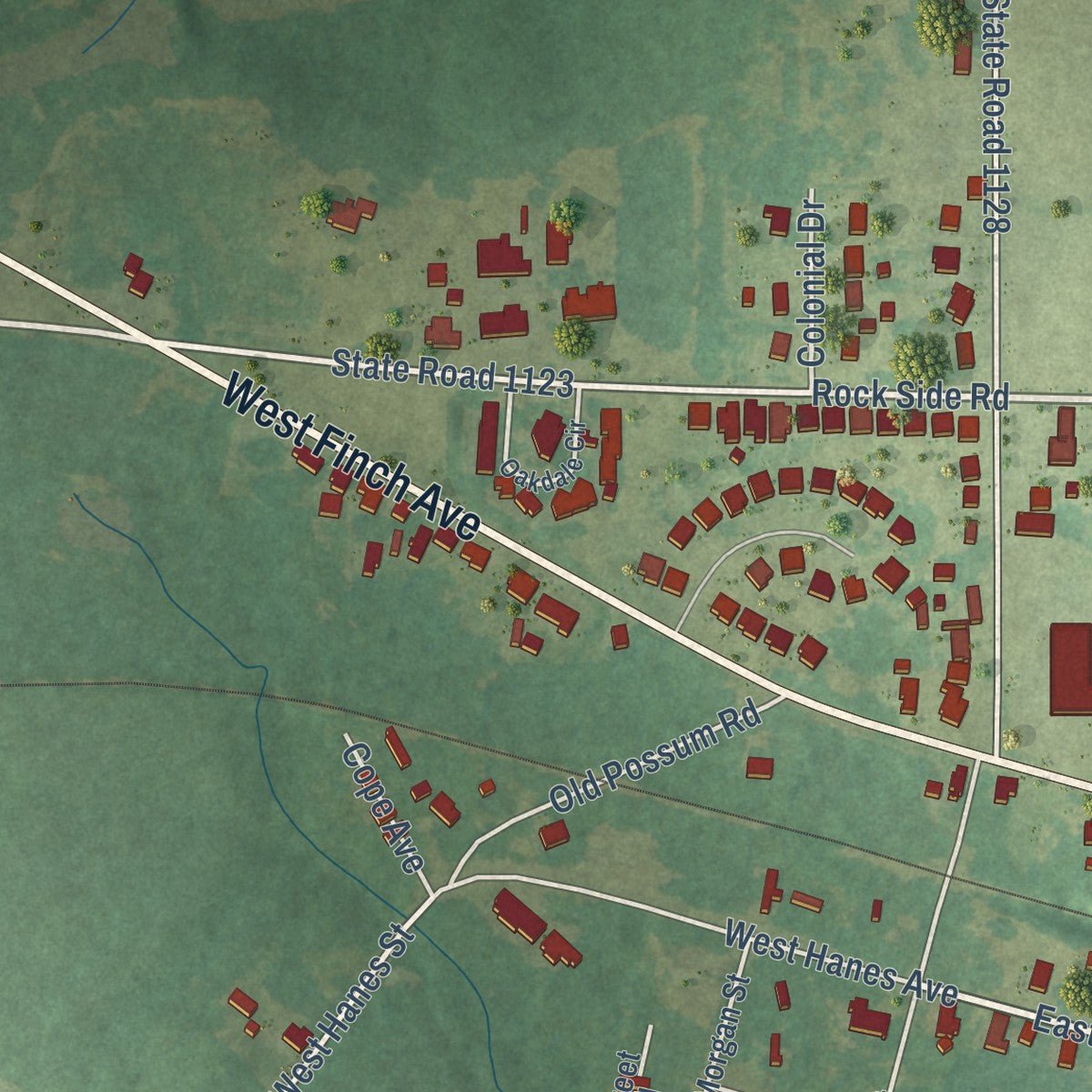 Second close-up of the map of Middlesex, North Carolina print showing more streets and buildings