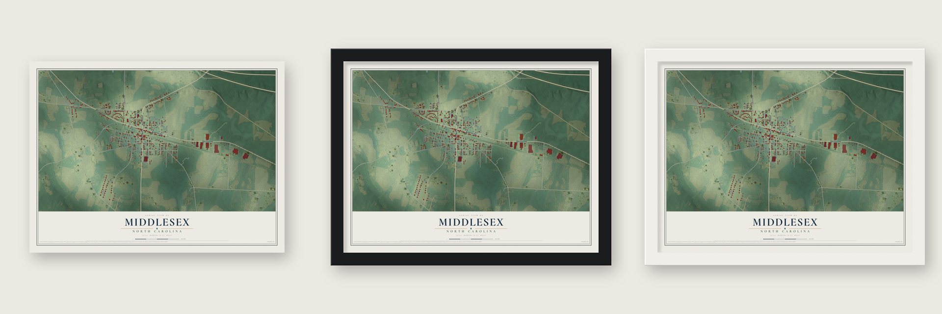 Middlesex, North Carolina map unframed, in a black wood frame and in a white wood frame