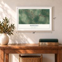 Middlesex, North Carolina map, 12 x 18 inch print in a white frame in an entryway