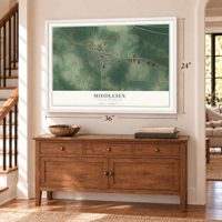 Middlesex, North Carolina map, 24 x 36 inch print in a white frame above a dresser by a staircase