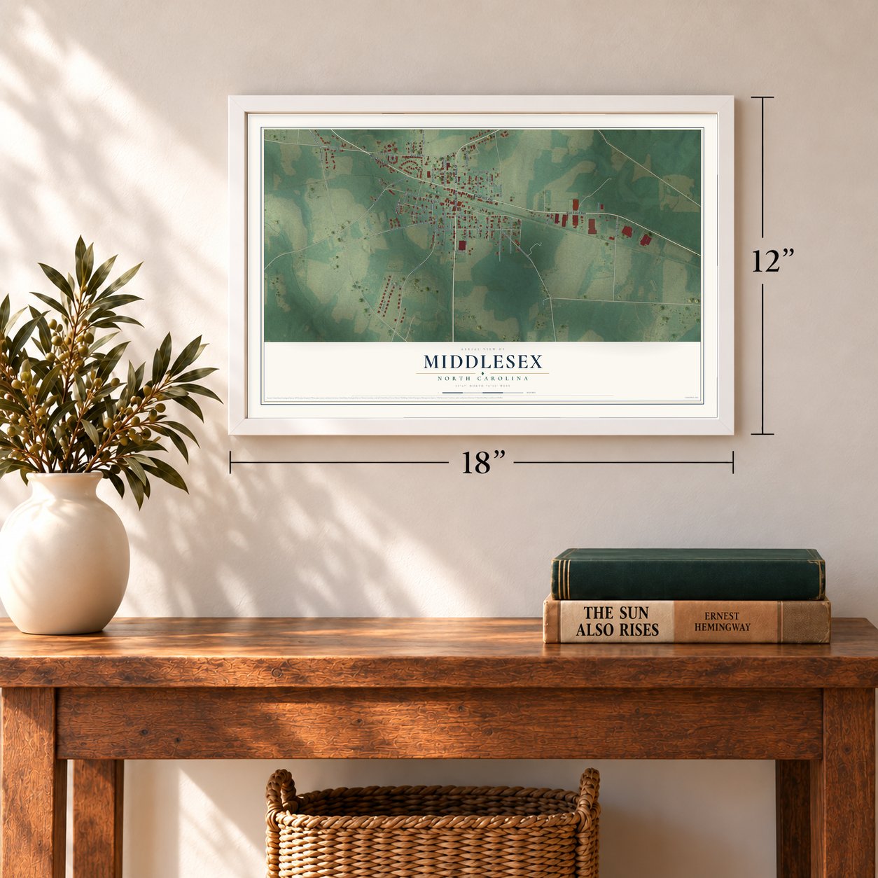 Middlesex, North Carolina map, 12 x 18 inch print in a white frame in an entryway
