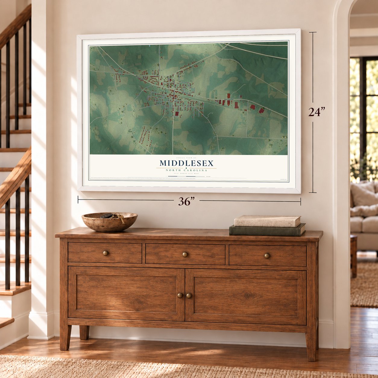 Middlesex, North Carolina map, 24 x 36 inch print in a white frame above a dresser by a staircase
