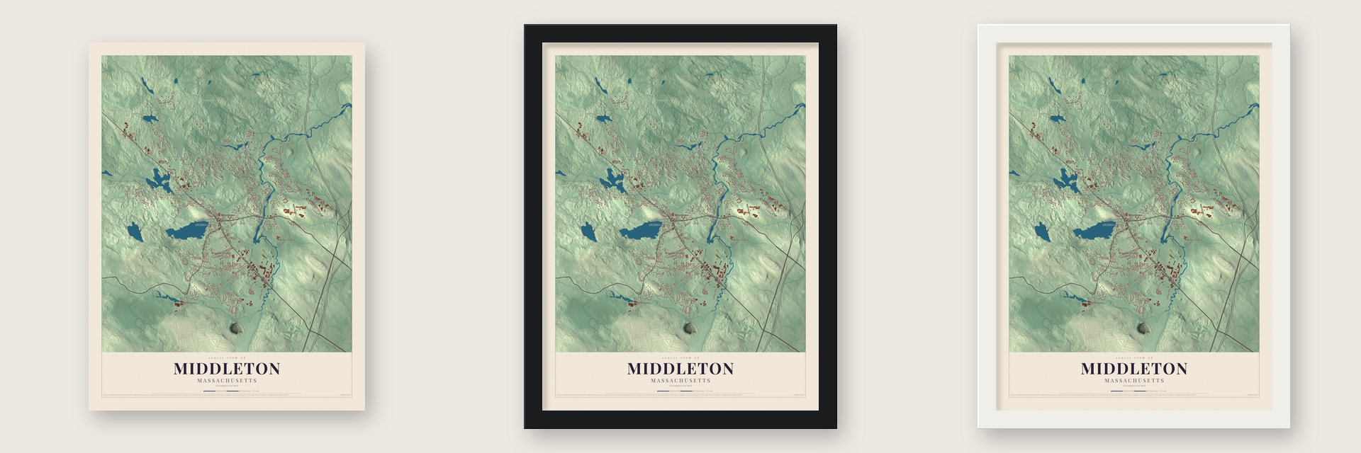 Middleton, Massachusetts map unframed, in a black wood frame and in a white wood frame