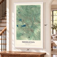 Middleton, Massachusetts map, 24 x 36 inch print in a white frame by a staircase