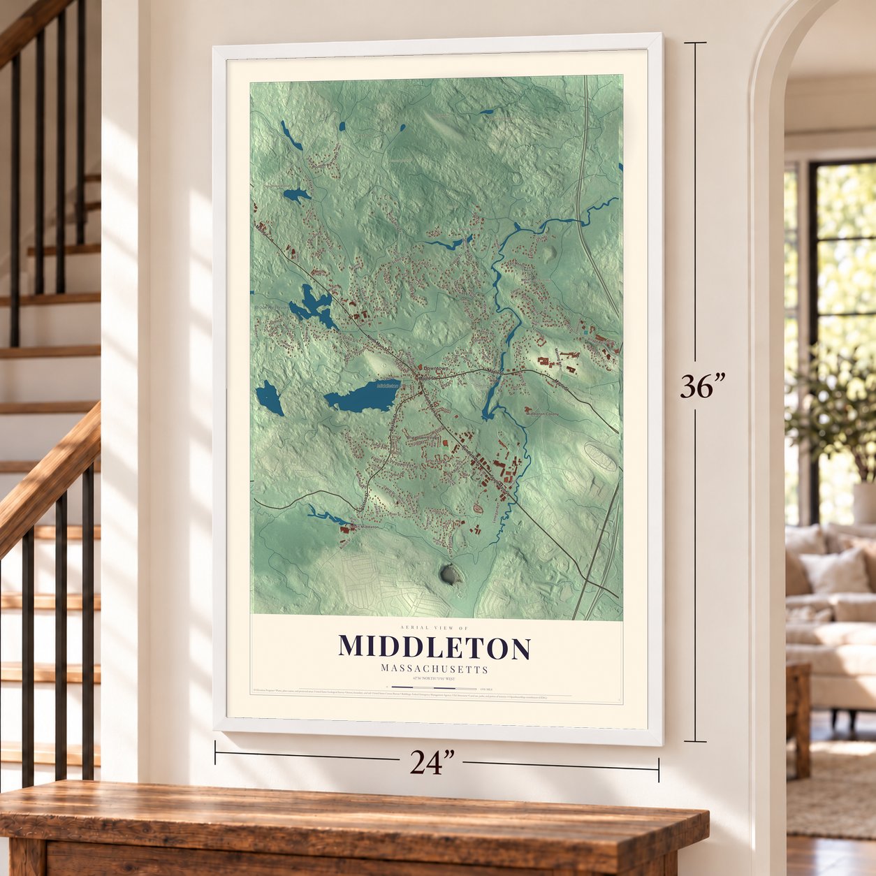 Middleton, Massachusetts map, 24 x 36 inch print in a white frame by a staircase