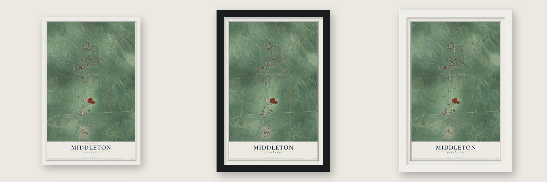 Middleton, Tennessee map unframed, in a black wood frame and in a white wood frame