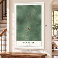 Middleton, Tennessee map, 24 x 36 inch print in a white frame by a staircase