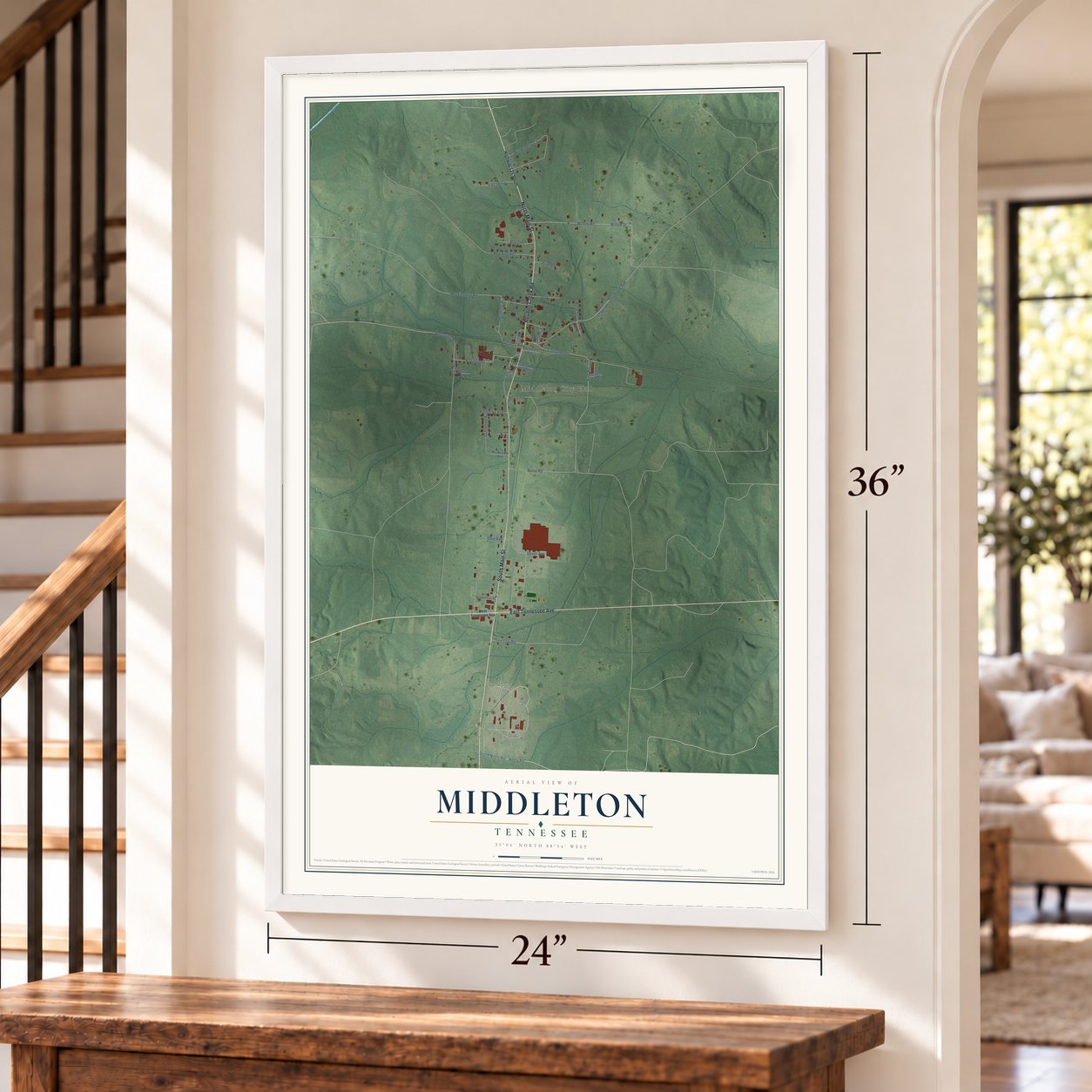 Middleton, Tennessee map, 24 x 36 inch print in a white frame by a staircase