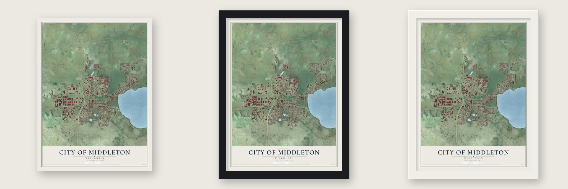 Middleton, Wisconsin map unframed, in a black wood frame and in a white wood frame