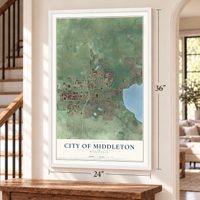 Middleton, Wisconsin map, 24 x 36 inch print in a white frame by a staircase