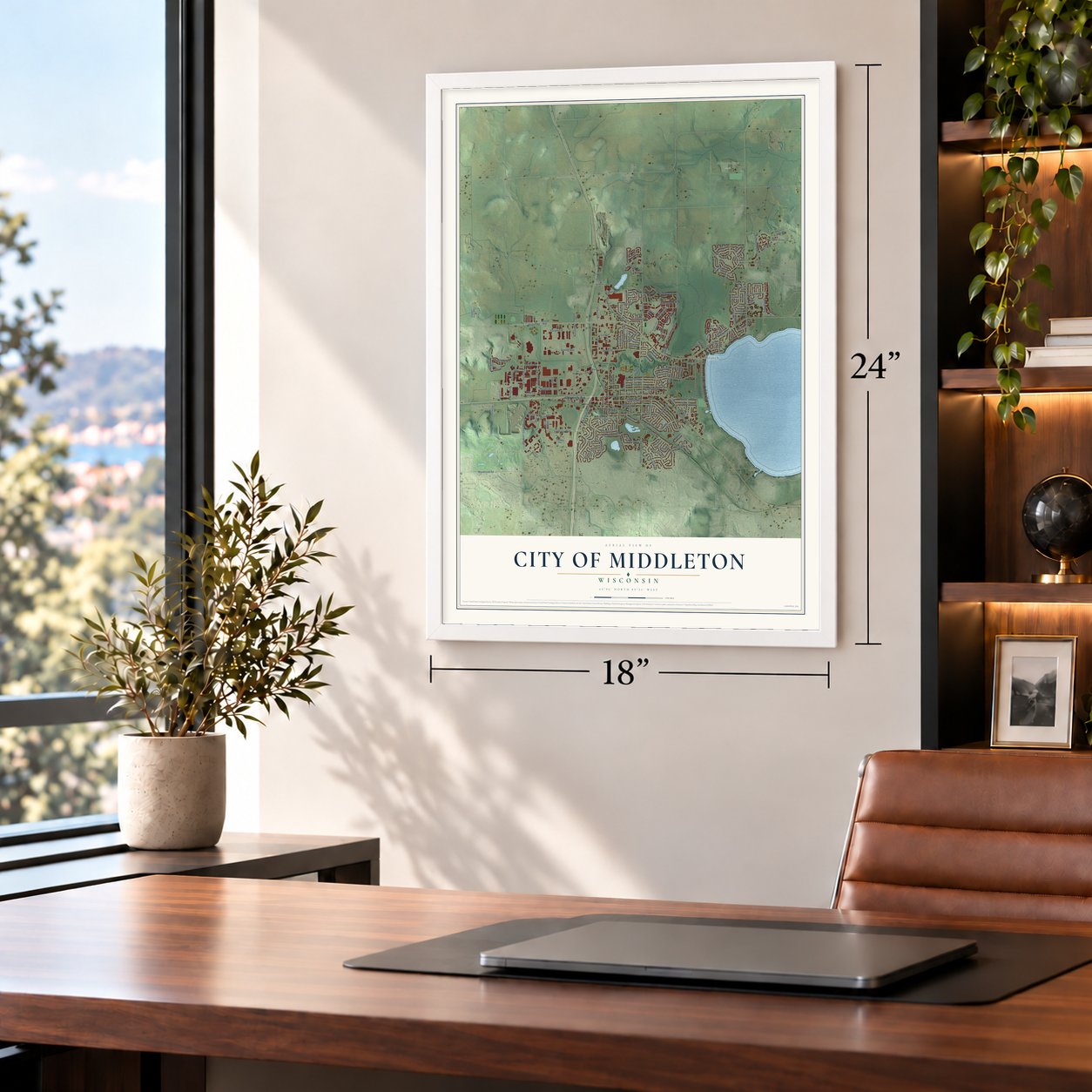 Middleton, Wisconsin map, 18 x 24 inch print in a white frame in a home office