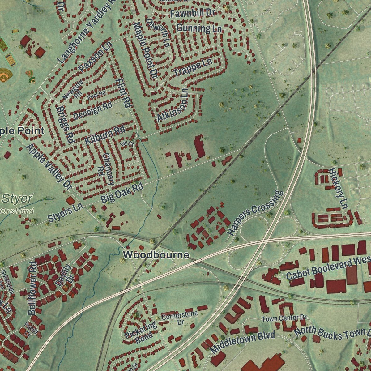 Second close-up of the map of Middletown, Bucks County, Pennsylvania print showing more streets and buildings