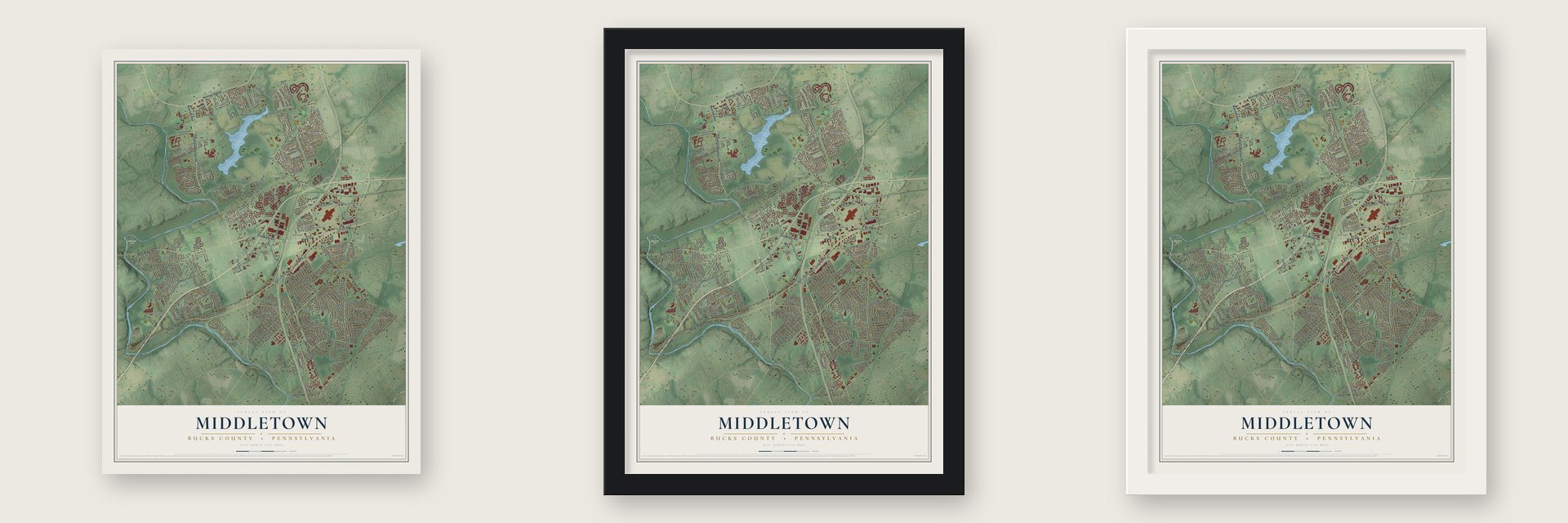 Middletown, Bucks County, Pennsylvania map unframed, in a black wood frame and in a white wood frame