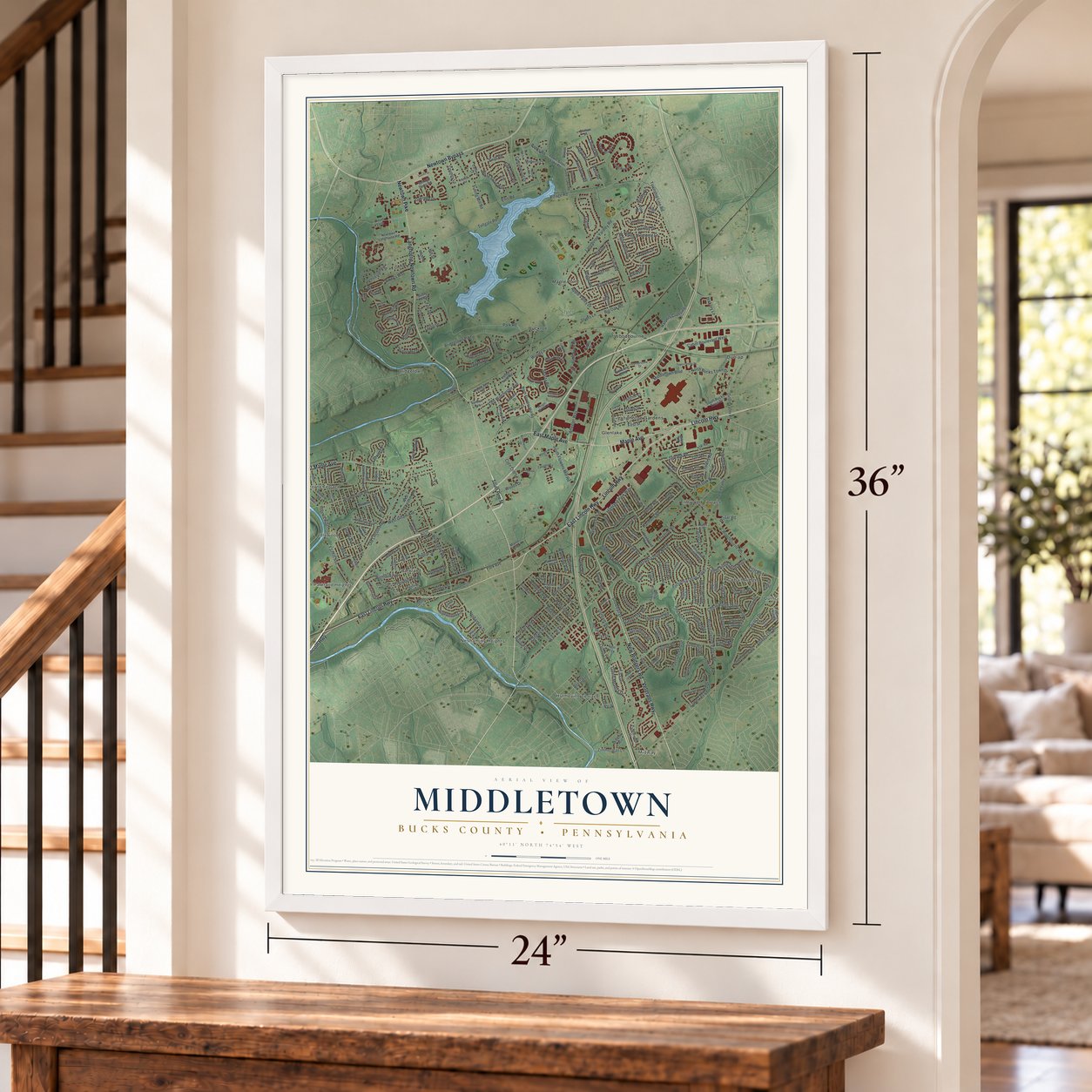 Middletown, Bucks County, Pennsylvania map, 24 x 36 inch print in a white frame by a staircase