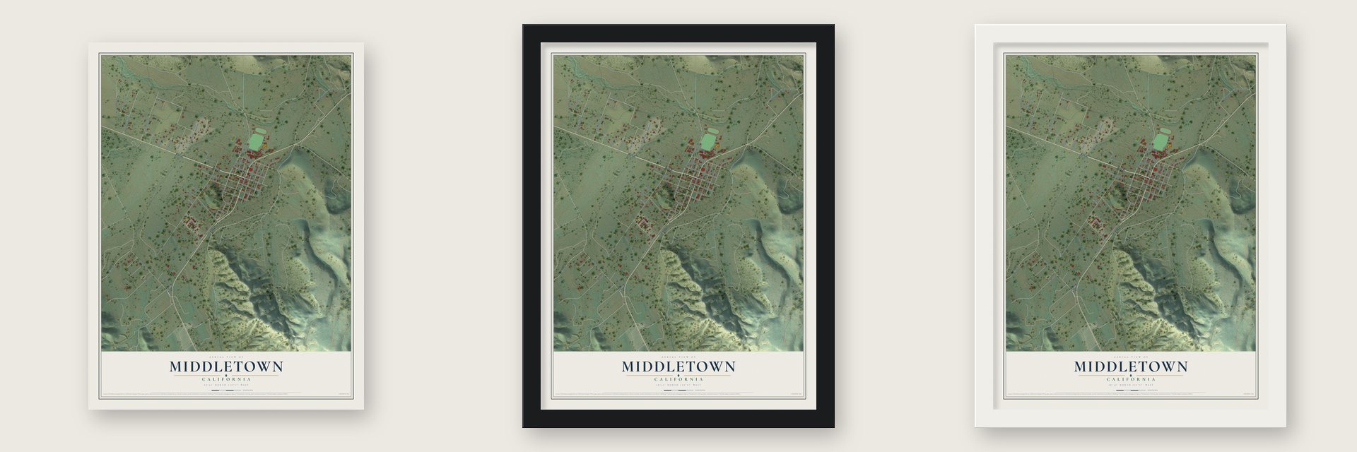 Middletown, California map unframed, in a black wood frame and in a white wood frame