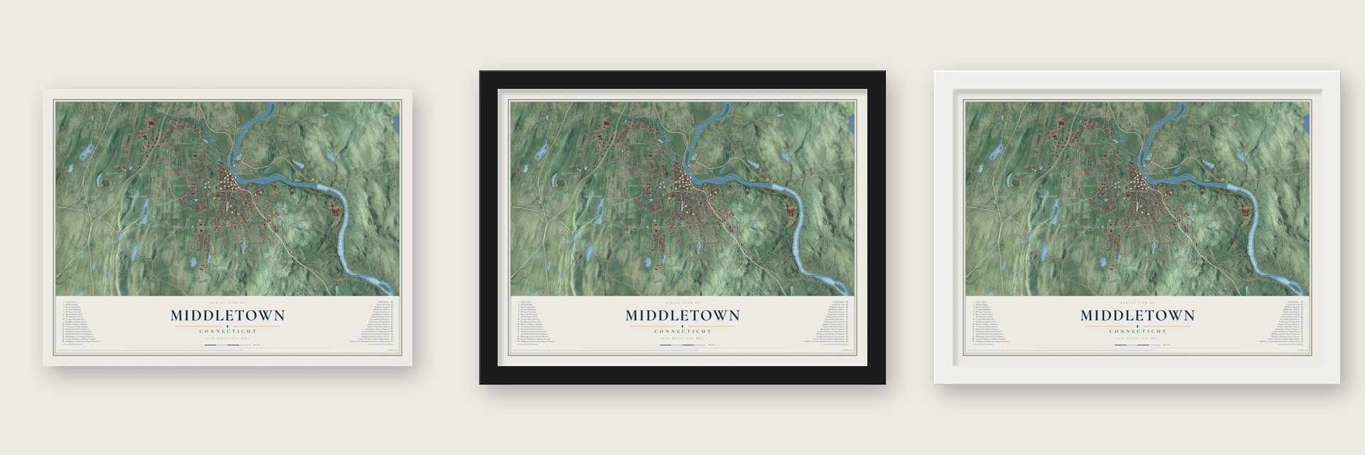Middletown, Connecticut map unframed, in a black wood frame and in a white wood frame