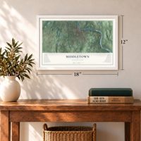Middletown, Connecticut map, 12 x 18 inch print in a white frame in an entryway