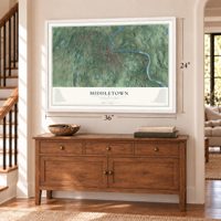 Middletown, Connecticut map, 24 x 36 inch print in a white frame above a dresser by a staircase