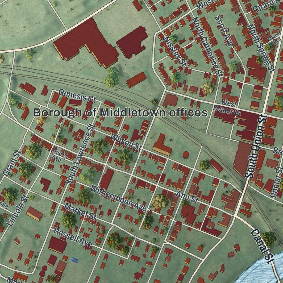 Second close-up of the map of Middletown, Dauphin County, Pennsylvania print showing more streets and buildings