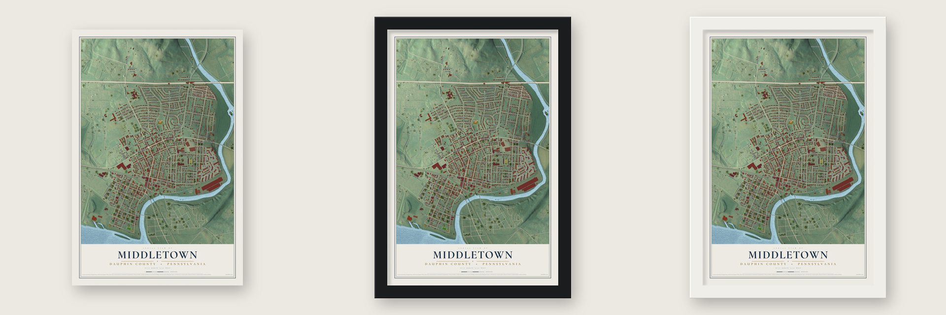 Middletown, Dauphin County, Pennsylvania map unframed, in a black wood frame and in a white wood frame