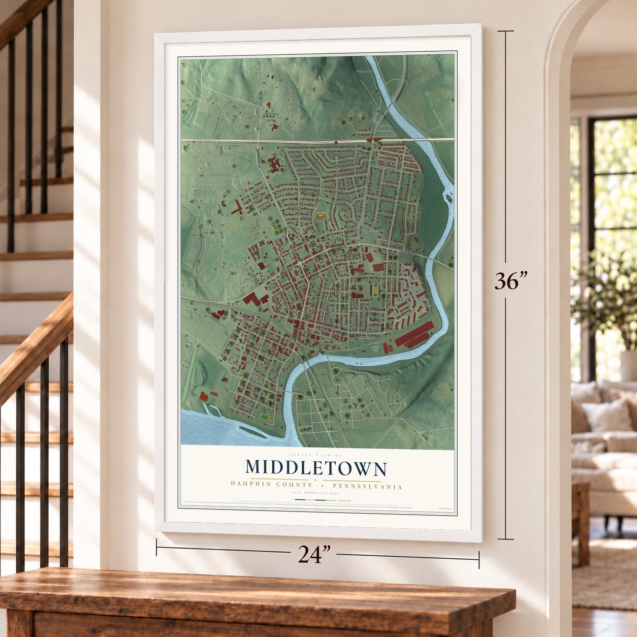 Middletown, Dauphin County, Pennsylvania map, 24 x 36 inch print in a white frame by a staircase